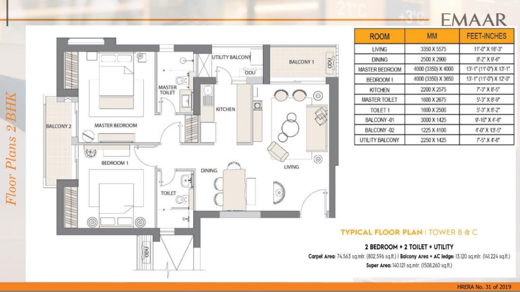 Emaar Digihomes 2BHK +2T +Utility 1508SqftSqft Tower-B & C