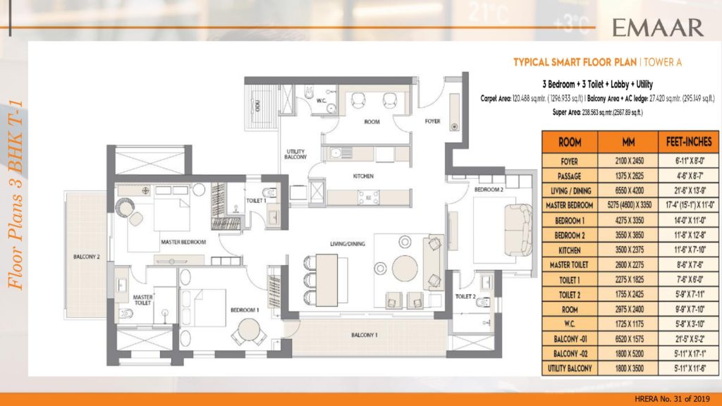 Emaar Digihomes 3BHK+3T+Lobby+Utility 2567.89Sqft Tower-A