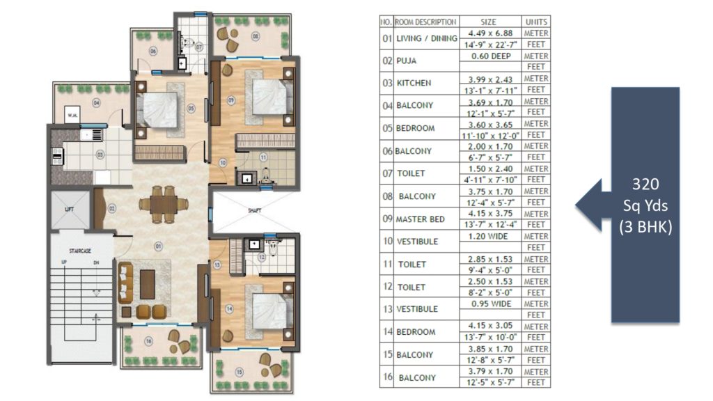 Adani Samsara Vilasa Floor Plan 3BHK 320 Sqyd